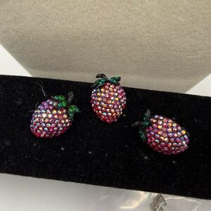 Vintage Weiss Strawberry Aurora Borealis Ruby Red Earrings & Brooch.Rhinestones